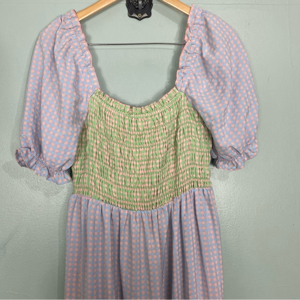 Greylin Nola Smocked Gingham Plaid Colorblock Tiered Midi Dress Sz M Pastel - Picture 4 of 7